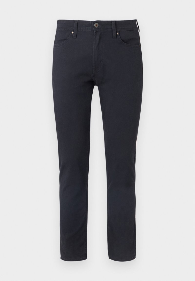 Dunkelblaue Hosen mit geradem Schnitt aus einem Baumwollmischgewebe. Sie verfügen über fünf Taschen, einen Knopfverschluss und dezente Nähdetails.