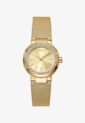 Orologio con cinturino in rete dorata, cassa circolare, quadrante dorato e accenti di cristallo attorno alla lunetta. Indicatori delle ore e lancette semplici.