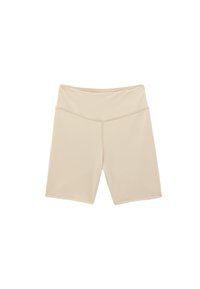 Shorts de sport beiges en tissu extensible, dotés d'une taille haute et de coutures surpiquées. Texture lisse et longueur mi-cuisse.