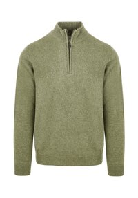 Groen gebreid pullovertrui met lange mouwen en een korte ritssluiting die zich uitstrekt vanaf de geribbelde kraag.