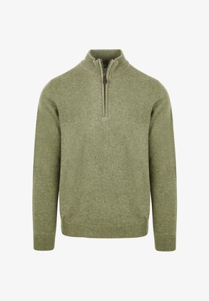 Grüner Strickpullover mit langen Ärmeln und einem kurzen Reißverschluss an der Vorderseite, der vom gerippten Kragen ausgeht.