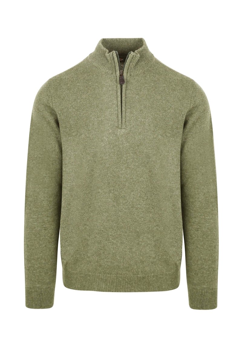 Groen gebreid pullovertrui met lange mouwen en een korte ritssluiting die zich uitstrekt vanaf de geribbelde kraag.