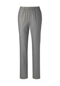 Grijze rechte broek met een elastische tailleband, voorzien van twee zijzakken en een gladde stoftextuur. Geen zichtbare patronen of accenten.