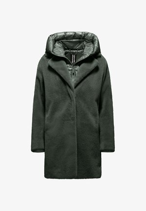 Dark green faux fur coat with a padded, detachable hood, featuring a relaxed fit, wide lapels, and a smooth inner lining.