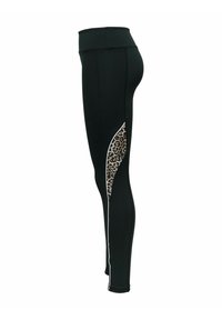 Crne tajice s visokim strukom koje imaju leopard uzorak na strani i kontrastne bijele šavove.