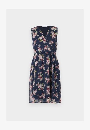 Αμάνικο μπλε φορέμα σε ναυτικό μπλε χρώμα με ροζ και λευκά λουλουδάτα σχέδια, ντεκολτέ σε σχήμα V με τύλιγμα και στρογγυλεμένη μέση, φούστα μέχρι το γόνατο.