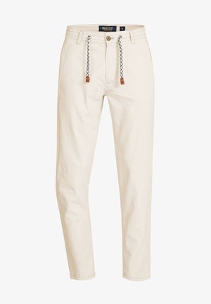 Beige cotton pants with a straight shape, featuring a drawstring waist with black and white accents, and front and back pockets.
