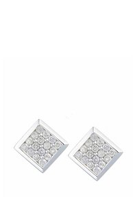 Srebrni kvadratni uhani z mrežo okroglih prozornih kamnov, z visokim sijajem in geometrijskim dizajnom.