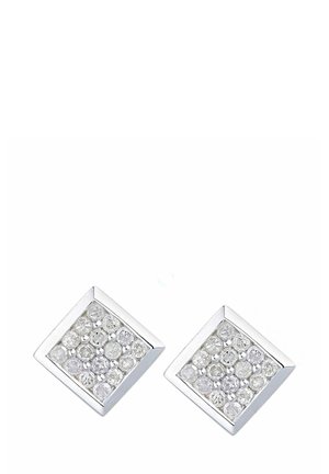 Silver square earrings with a grid of round clear stones, featuring a polished finish and a geometric design.