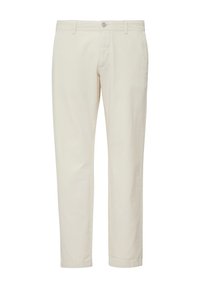 Lichtcrème kleurige katoenen broek met een rechte pijp, voorzien van een sluiting met een voorste knop en subtiele zijzakken. Gladde textuur.