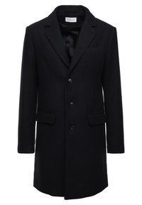 Cappotto di lana blu navy con colletto a revers, chiusura a un solo petto con bottone, due tasche frontali e foderato internamente in modo liscio.