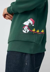 Zöld pulóver, amelyen Snoopy látható egy piros télapósapkával, és három sárga madarat húz egy pórázon. Bordás mandzsetta és alsó rész. Puha szövet textúra.