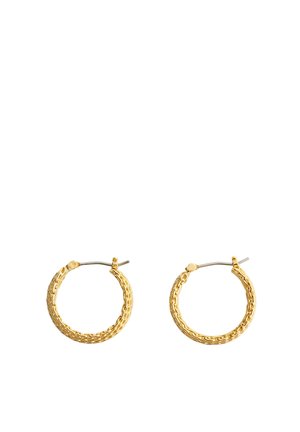 Paire de petites boucles d’oreilles créoles en or avec une texture détaillée à maillons de chaîne et une fermeture à tige et clapet sur fond blanc.