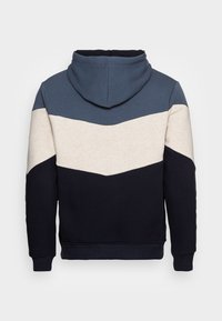 Hooded sweatshirt featuring color-block design in navy, light gray, and blue. Made of soft fabric with ribbed cuffs and hem, and a kangaroo pocket.