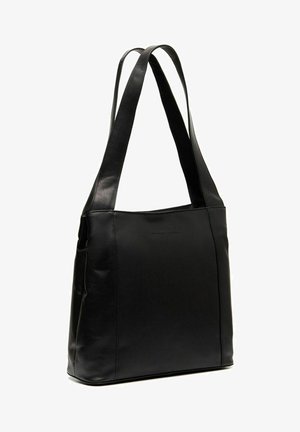Borsa a tracolla in pelle nera con due manici lunghi, forma rettangolare e superficie liscia. Presenta dettagli di cucitura sottili.