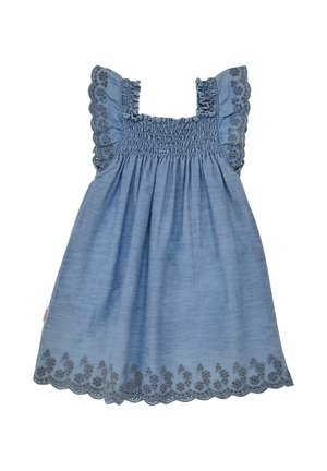 Blaues ärmelloses Kleinkindkleid mit gerafftem Oberteil und gewelltem Lochspitzenbesatz an Ärmeln und Saum.