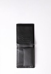Black leather wallet with a smooth texture, featuring card slots and embossed lines on the front. Compact, rectangular design.