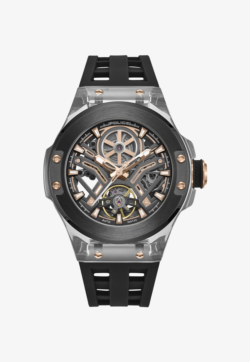 Czarny i złoty zegarek automatyczny z przezroczystą kopertą, szkieletem mechanizmu, akcentami w kolorze różowego złota oraz czarnym gumowym paskiem z wycięciami.
