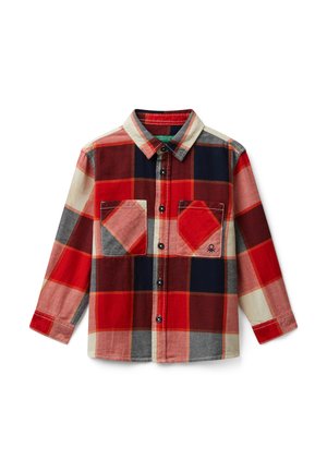 Langarm-Hemd mit Knopfleiste im rot, marineblau, beige und grau karierten Muster und zwei vorderen Brusttaschen, eine davon mit einem kleinen Logo.
