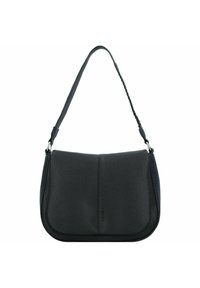 Sac en cuir noir à épaule avec une texture lisse, une forme arrondie, une bandoulière tressée et de subtils détails de couture.