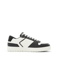 Black and white sneakers with a textured leather upper, featuring a distinctive angular design, rubber sole, and white laces.