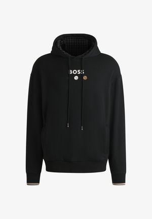 Zwarte hoodie met een trekkoord en een zak aan de voorkant. Bevat een logo met gekleurde cirkels. Binnenkant heeft een geruit patroon. Geribbelde manchetten.
