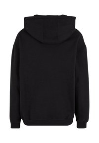 Felpa nera con cappuccio, realizzata in morbido tessuto, presenta un ampio cappuccio, maniche lunghe, polsini a coste e orlo a coste. Design minimalista senza decorazioni.