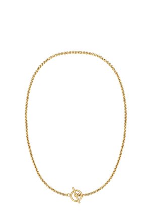 Gold chain necklace with a round toggle clasp at the front, displayed against a white background.