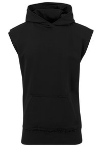 Black sleeveless hooded sweatshirt made of soft fabric, featuring a front pocket and frayed hem detail, with a relaxed fit and no sleeves.