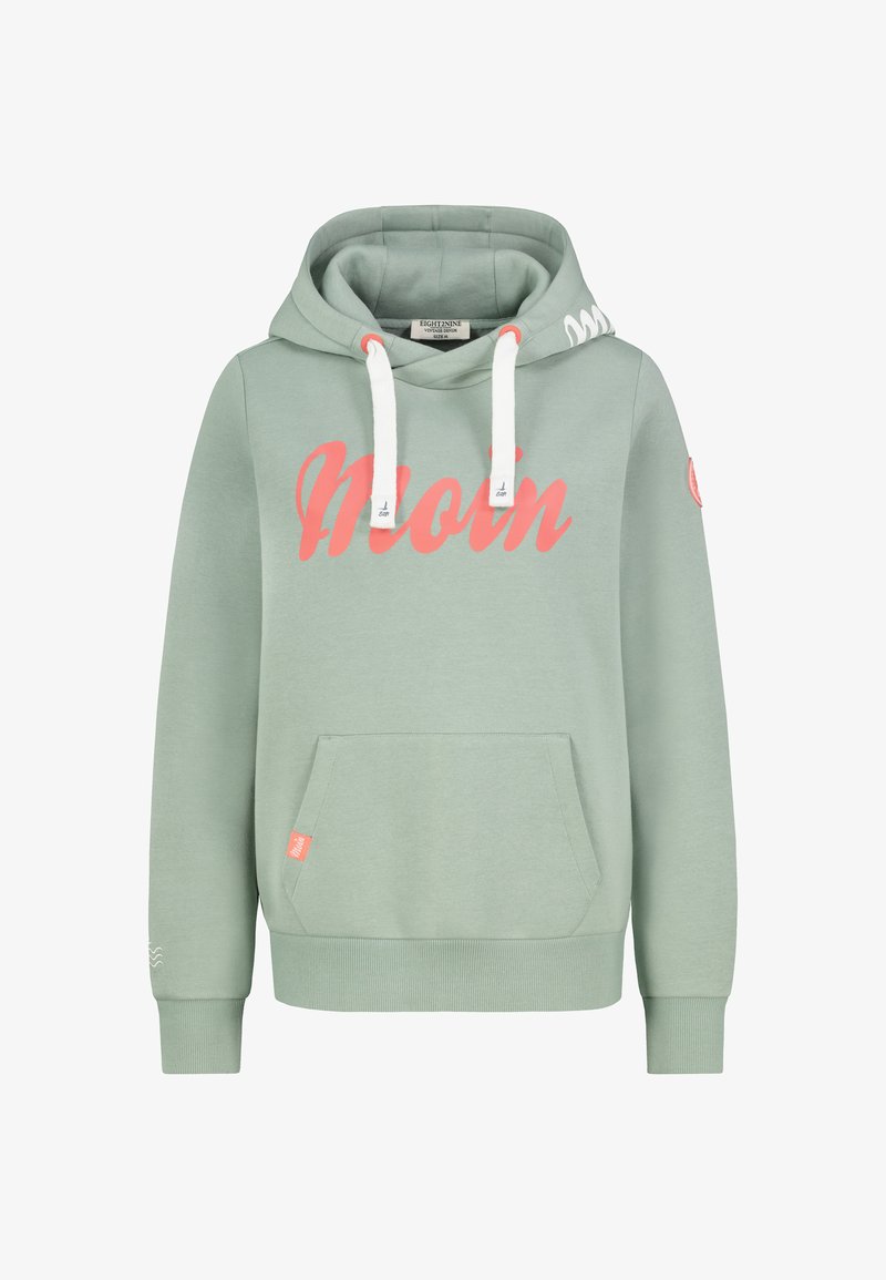 Light green hoodie with a large pink "Moin" print, white drawstrings, front pocket, and ribbed cuffs. Features a small logo tag on the pocket.