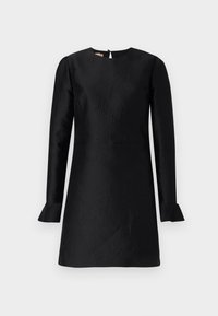 Abito nero con maniche lunghe, motivo testurizzato, scollo rotondo e polsini svasati. Presenta una chiusura a chiave sul retro.