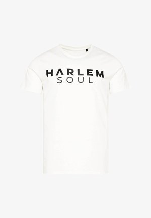 White cotton t-shirt with short sleeves featuring bold black text "HARLEM SOUL" across the chest. Classic crew neck design.