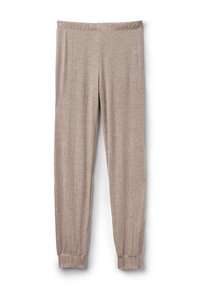 Beige Baumwollleggings mit weichem Textur, schmal zulaufenden Beinen und elastischem Bund. Einfaches, schnörkelloses Design.