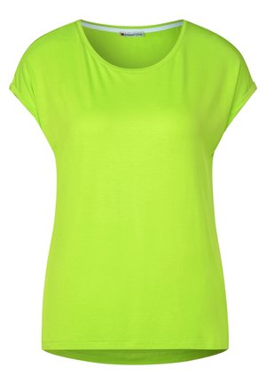 Lyse limegrøn kortærmet dame t-shirt med rund hals og små foldede ærmekanter, mærket Street One.