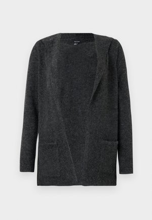 Dunkelgrauer Cardigan aus weichem, strukturiertem Stoff. Mit offenem Vorderteil, langen Ärmeln und zwei Vordertaschen. Schlichtes, ungeschmücktes Design.