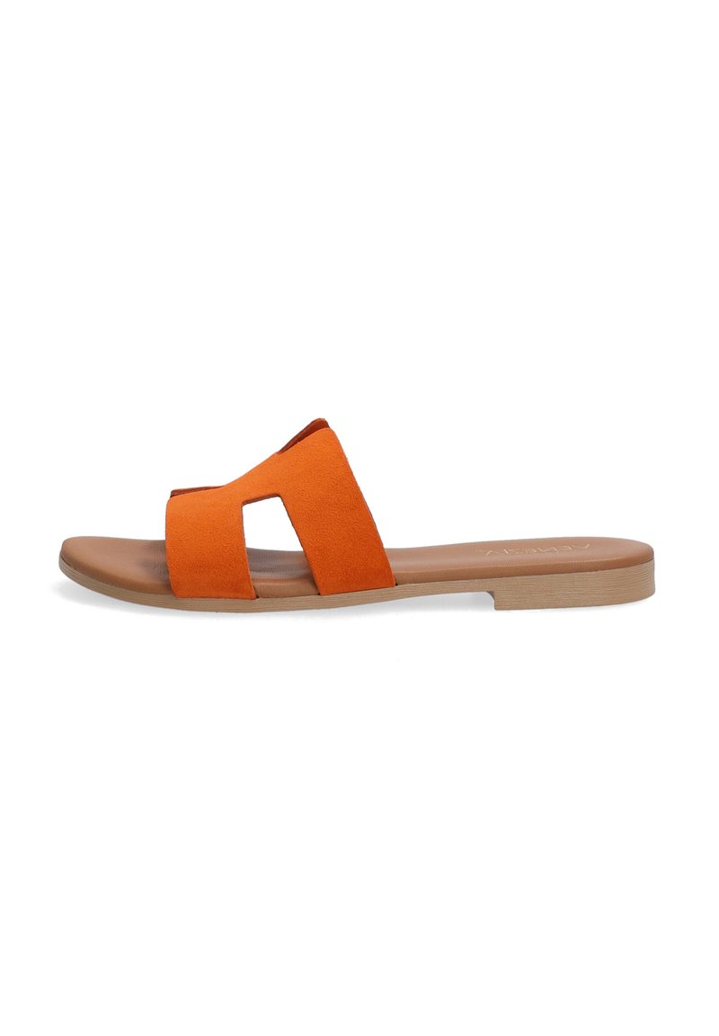 Orange suede slide sandal with an open toe and two wide straps featuring cut-out details, resting on a flat, light brown sole.
