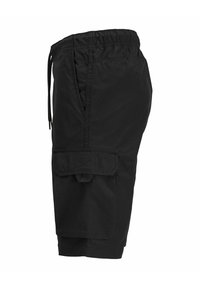 Μαύρα cargo σορτς με ελαστική μέση, κορδόνι ρύθμισης, πλαϊνές τσέπες και τσέπη με καπάκι στο μηρό.