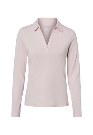 Polo rose clair à manches longues avec col et ouverture en V, présenté sur fond blanc.