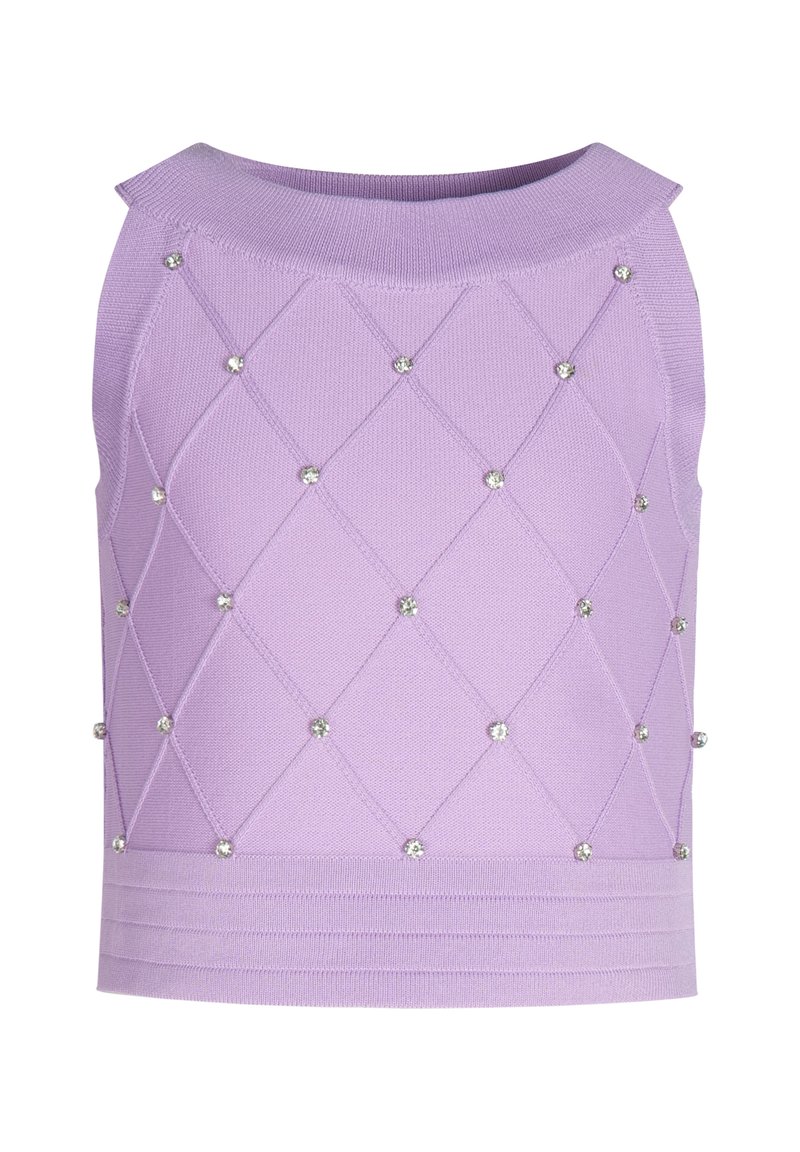 Top in magenta lavorato a maglia con motivo a diamante e decorato con piccole strass; scollatura e orlo a coste con una forma aderente.