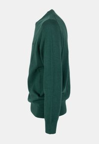 Maglione verde lavorato a maglia con collo rotondo, maniche lunghe e polsini e orlo a coste. Texture liscia, dettagli minimi, silhouette classica.