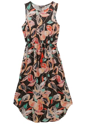 Ärmelloses schwarzes Kleid mit bunten großen Blattmustern, tailliert mit Kordelzug und orangen Quasten, runder Ausschnitt, knielanger Saum.