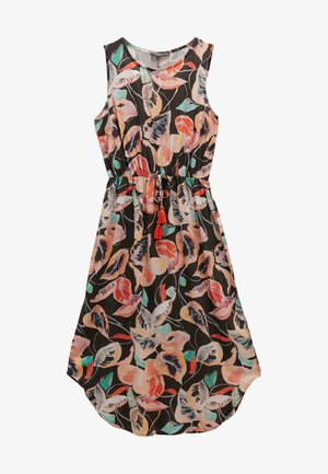 Ärmelloses schwarzes Kleid mit bunten großen Blattmustern, tailliert mit Kordelzug und orangen Quasten, runder Ausschnitt, knielanger Saum.