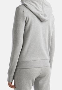 Sudadera de algodón gris con capucha ajustable, puños y dobladillo acanalados, y una textura suave, mostrada desde la parte de atrás.