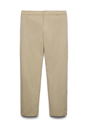 Pantaloni beige a gamba dritta realizzati in tessuto leggero. Presentano una parte anteriore piatta, passanti per cintura e tasche standard. Texture liscia.