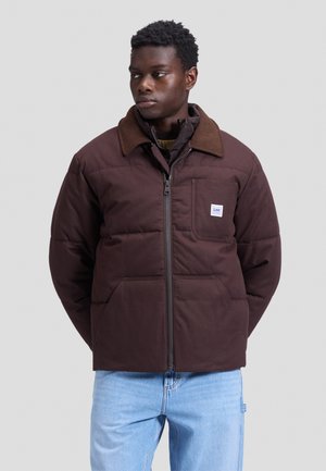 Ung mand iført en brun polstret jakke med en ribbet krave og lyseblå jeans, kigger let til venstre mod en ensfarvet baggrund.