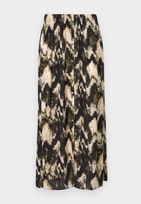Knoopjesrok met een abstract patroon in zwart, groen en beige. Gemaakt van lichtgewicht stof met een geplooide tailleband en zijsplitten.