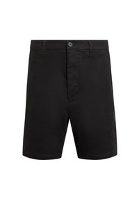 Shorts neri realizzati in un tessuto liscio, con chiusura a bottone, davanti piatto e una vestibilità dritta, caratterizzati da dettagli di cucitura discreti.
