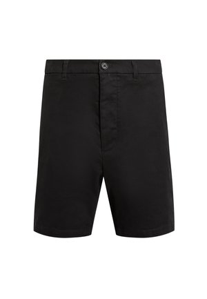 Schwarze Shorts aus glattem Stoff, mit Knopfverschluss, flachem Bund und geradem Schnitt, ergänzt durch dezente Stichdetails.