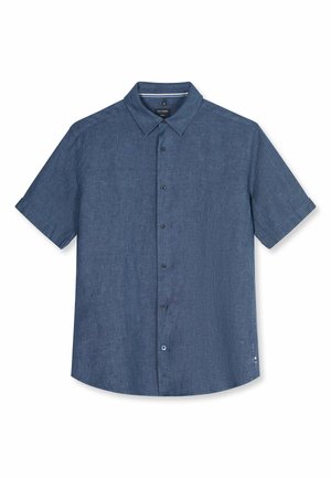 Herren-Kurzarmhemd mit Knopfleiste aus einfarbigem dunkelblauem Leinen mit klassischem Kragen, dargestellt vor weißem Hintergrund.