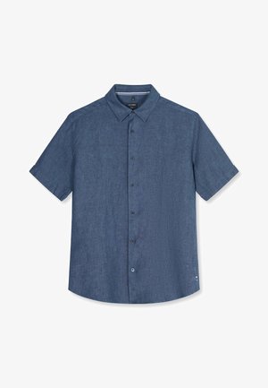 Herren-Kurzarmhemd mit Knopfleiste aus einfarbigem dunkelblauem Leinen mit klassischem Kragen, dargestellt vor weißem Hintergrund.